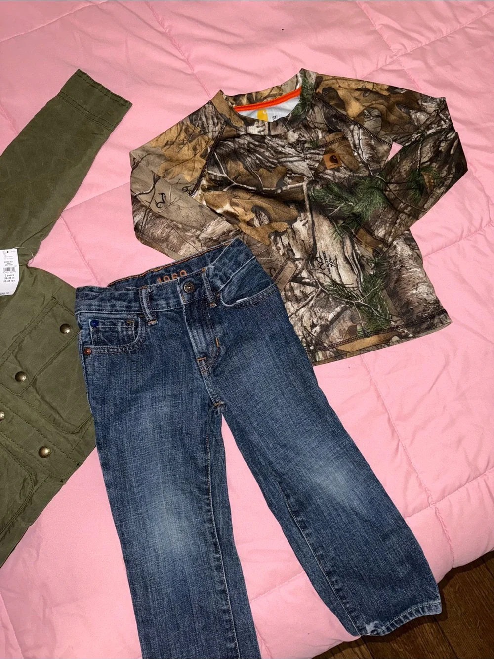 3T GAP Kids Olive Green Canvas Pea Coat with Brown Collar, Carhartt Shirt.
